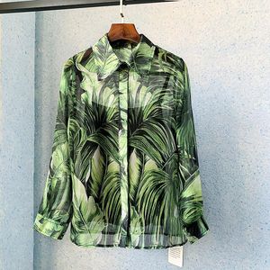 Women's Blouses Green Floral Print Banana Leaf Long Sleeve Loose Top Shirt Women 2023 Summer Europe Boho Holiday Beach Clothes