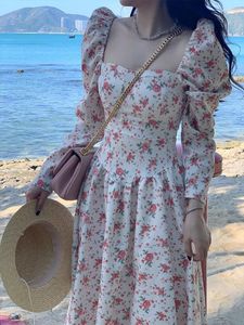 Casual Dresses Midi Floral Dress Slim Long Sleeve Elegant Woman Vintage Beach Evening Party Korean Fashion 2023 Spring Chic