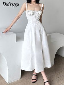 Casual Dresses darlingaga rem Shirring Korean Fashion White Maxi Holidays Bind Sundress Corset Women Slits Summer Long 230428