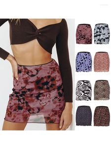 Skirts 2023 Summer Skirt Women Floral Printed Mesh Bodycon Polyester Mini Short Elastic High Waist Fashion Casual Drop