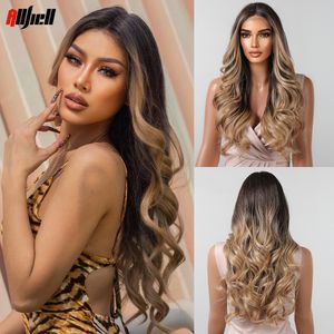 Perucas sintéticas de renda longa de renda de cabelo castanho a ombre loiro ombre natural Wavy Wavy Wig Parte média resistente ao calor para mulheres diariamente usef