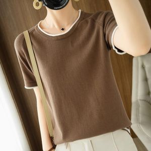 Women's T Shirts Summer Cotton Thread Knit Short-Sleeved Bottoming Shirt Ladies O-Neck Thin Vest Loose Large Size Sweater TopsWomen's