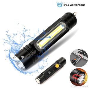 Multifunctional LED Flashlight USB Inside rechargeable battery Powerful T6 torch Side COB light design flashlight tail magnet