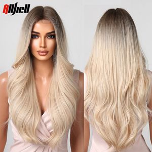 Braune blonde Ombré-Perücke, lange, gewellte, natürliche Haarlinie, Spitze, synthetische Perücke für Frauen, tägliche Party-Perücken, hitzebeständig, Cosplay, Kunsthaar