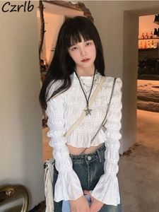 Women's Blouses Shirt Crops Trendy Pure Color Student Lovely Flare Sleeve All match Slim Chic Femme Korean Style Holiday Tops 230428