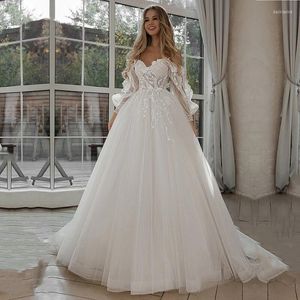 Wedding Dress Fashion Glitter Dresses Puff Sleeve Appliques Lace 3D Flowers Off Shoulder Tulle Boho Bride Gown 2023 Vestidos De Novia