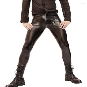 Herrbyxor sexiga män blixtlås öppna u crotch hög elastisk pvc glänsande blyerts mode punk glansig stil gay wear f100