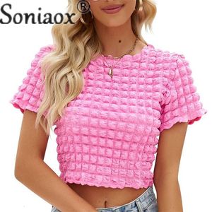 T-shirt da donna 2023 Summer Fashion Popcorn Tee Sexy Slim Fit Reveal Belly Button Female Street Casual Splicing Top manica corta 230428