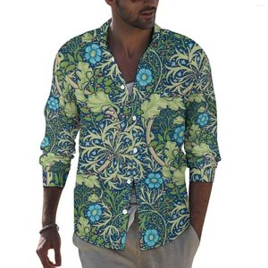 Men's Casual Shirts Blue Floral Print Street Shirt Men Green Leaves Spring Retro Blouses Long Sleeve Design Oversized Top