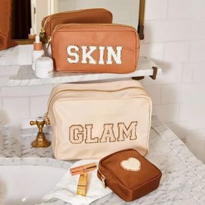 Cosmetic Bags Customize DIY Letters Patch Heart Pearl Rhinestone Nylon Durable Waterproof Pouch Makeup Case Travel Bag
