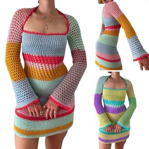 Casual Dresses Fabumily Women Crochet Knit Mini Dress Long Sleeve Colorful Mesh Cover Ups Sweater Summer Beach Wear Streetwear
