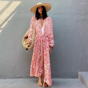 Vestidos casuais 2023 Bohemian Pink Leopard Long Kimono Plus Tamanho Sexy Sleeve Tunic Beach Dress Clothes Rua Use Maxi A1058