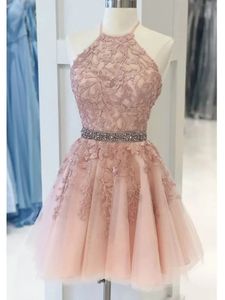 Krótkie sukienki o domu Różowe kantar aplikacji A-line imprezowe suknie imprezowe Księżniczka Tiul Plus Mini urodzinowe urodziny Graudation Cocktail Gowns 16