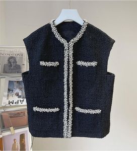 Coletes femininos estilo pérolas de pérolas de pérolas de miçangas de tweed casaco de tweed de alta qualidade, elegante colete de gola O deco