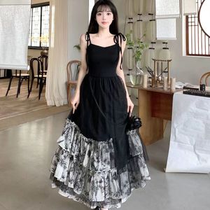 Casual Dresses Hepburn style black suspender dress for women in spring and summer with a slim waist retro long skirt French ruffle hem 230428