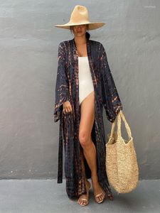 Casual Dresses 2023 Bohemian Tie Dye Randig Long Tunika Sexig Kimono Dress Spring/Autumn Women Plus Size Beach Wear Elegant Q1314