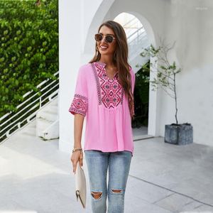 Women's T Shirts Women's Mexican Embroidered Tops Bohemian Style V-neck Peasant Summer Half Sleeve Shirt Boho Tunic Blouses Hippie