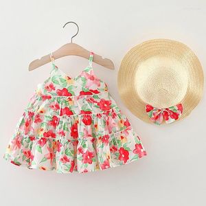 Flicka klänningar sommar baby klänning med hatt bow blommor tryck a-line småbarnsling för flickor bomullskläder spädbarn strand sundress barn