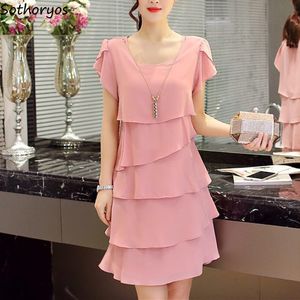 Party Dresses Dress Women Summer Wave Cut Sweet Solid Short Sleeve Slim Casual Clothing Lady All-match Vestido Trendy Simple O-Neck 230428