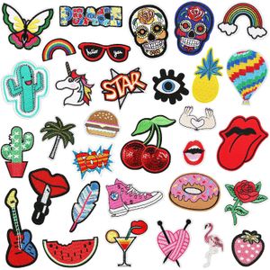 Notions 32 Pcs Assorted Styles Embroidered Patches Cute Fruit Flower Rainbow Skull Applique Kit Decoration Iron on Patches for Clothing Jackets Backpacks Jeans