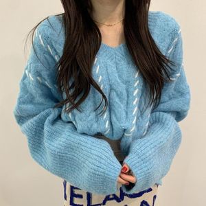 Swetery kobiet Koreańskie eleganckie jesienne zimowe zimowe wzór mieszanego koloru luźne gęste ciepłe swetr na długie rękawie kobiety