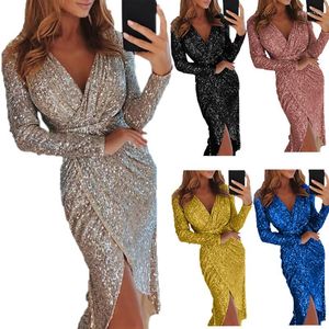 Casual Dresses Women's Short Sleeve Glitter Bronzing Dress Sexig långärmad djup V-hals Bodycon Mid-Dress Evening Party Slitt