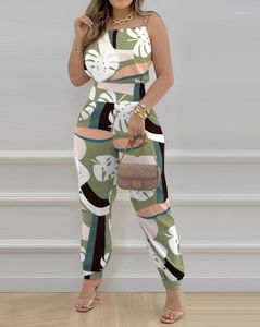 Dwuczęściowe spodnie dla kobiet Zestawy kobiet 2023 Spring Fashion Tropical Print Square Szyjka Squeevelaless Cami Top Mankiet Mankiet