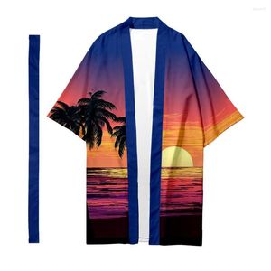 Etnisk kläder Hawaii vuxen haori Cardigan Asian Short Sleeve Daily Shirt Japanese Yukata Kimono Top Oversize Unisex Loose Blue