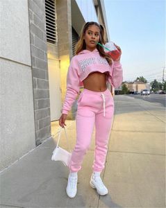 Women's Two Piece Pants Matching Sets Girl Letter Print Sweatsuit Set Hooded Crop Top Jogger Tracksuit Fitness Outfits