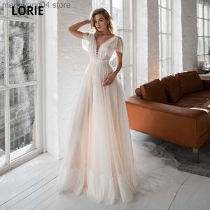 Party Dresses Cap Sleeve Boho Wedding Dresses spetsapplikationer Champagne Dot Tulle Bride-klänningar V-Neck Backless Beach Wedding Party Gowns T230502