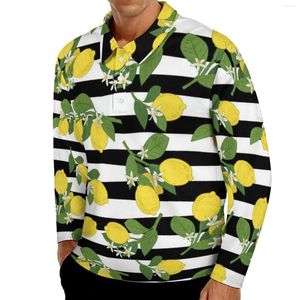 Herrpolos citron citroner gul casual polo skjortor svartvita ränder t-shirts långärmad grafisk skjorta streetwear överdimensionerade toppar gåva