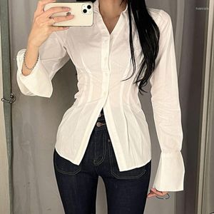 Kvinnors bluses -knapp skörd topp ruched full hylsa t -shirt vänd ned krage retro eleganta cardigans kvinnor koreanska korsett tee y2k