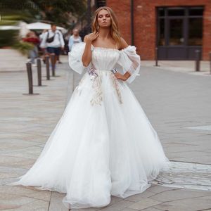 Partykleider Atemberaubende weiße Brautkleider Einzigartiger U-Boot-Ausschnitt Kurze Puffärmel Falten A-Linie Korsett Brautkleider Robe Mariage T230502