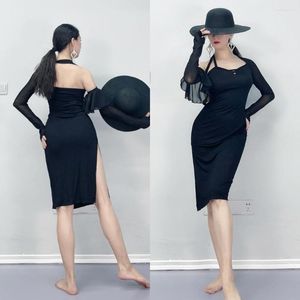 Bühnenkleidung Latin Dance Trainingskleidung 2023 Vintage Fusion Style Vielseitiges kleines schwarzes Kleid Leicht Raglan Langarm Bauch
