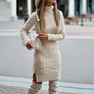 Basic Casual Dresses Casual Dresses Ladies Autumn Winter Knitted Sweater Dress Women Solid Color Long Sleeve Turtleneck Thicken Split Elegant Party