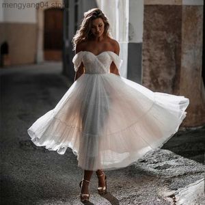 Party Dresses Mid-Calf Off the Shoulder Wedding Dress Sweetheart A-Line Pleat Beaded Belt Bride Civil Marriage Register Romantic Gowns T230502