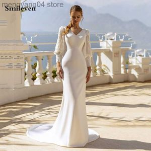 Party Dresses Smileven Soft Satin Mermaid Wedding Dress Long Lace Sleeve Bride Dresses V Neck Backless Wedding Gown Vestido De Noiva 2023 T230502