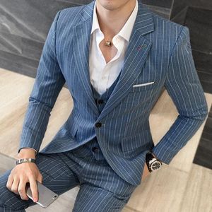Men's Suits & Blazers Plyesxale 3 Piece Stripe Men Designer Casual Man Suit Slim Fit Groom Wedding Sky Blue Khaki Grey Burgundy 5XL Q347