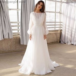 Abiti da festa Jiayigong Abiti da sposa modesti Maniche a sbuffo O Collo Abiti da sposa semplici in chiffon Backless A Line Sweep Train Abito da sposa Boho T230502