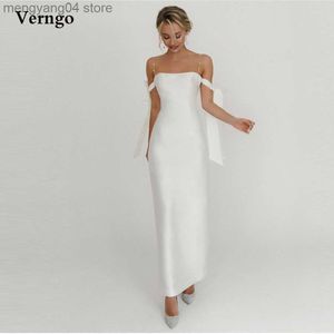 Party Dresses Verngo Simple White Strapless Wedding Party Dresses With Bow Tie Shoulder Ankle Length Formal Dress Buttons Back Bride Gown T230502