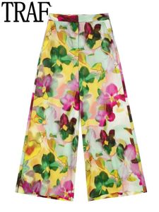 Capris Traf 2022 pantaloni a gamba a larga stampa donna pantaloni palazzo in vita ad alta vita da donna pantaloni casual set di pantaloni estivi abita femminile