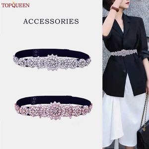 Andra modetillbehör TopQueen S445 Elegant Female Slive Rose Gold Rhinestone Pearl Belt Fashion Crystal Elastic Belts For Women Dress Accessories J230502