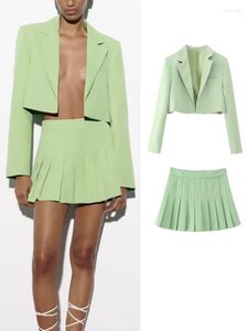 Kadınların Trailtsuits Kadın 2 Parça Setleri 2023 İlkbahar Yaz Kırpılmış Blazer Geniş Pileli Yüksek Bel Şortu Set PEA Green Ofis Lady Kıyafetler