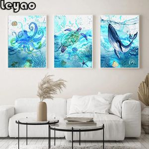 Stitch 3 PCS Sea Animals Turtle Whale Octopus 5D DIY Diamond Målning Full Diamond Embroidery Cross Stitch Diamond Mosaic Triptych