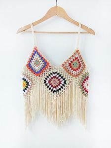 T-Shirt Fitshinling Boho Summer Crop Top Women Clothes Patchwork Handmade Crochet Spaghetti Strap Tops Vintage Sexy Slim Fringe Camisole