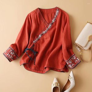 Women's Polos Tang Suit Female Chinese Traditional Costume Vintage Top Long Sleeve Tops Hanfu Ladies Summer Chinoiserie Blouse