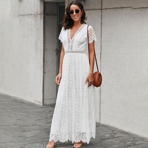 Klänningar spetsar boho maxi klänning eleganta klänningar för kvinnor 2022 sommar vintage lös fest lång strand klänning vneck yrkes semester kläder