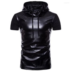 Men's T Shirts Vintage Solid Color Leather Patchwork Short Sleeve Hoodie Tees Men Summer Fashion Loose Hooded PU Hoodies Men's Clothes