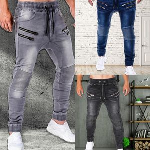 Herr jeans män byxor casual bomullsdragare dragkammare fickor som kör mager jogger denim byxor manliga smala svettbyxor