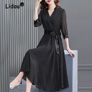 Vestido preto Lace de impressão vintage de ponto Up pescoço 3/4 Manga de chiffon Midi Dresses Women Women Summer Elegante Casual 4xl Aline Dress Ladies